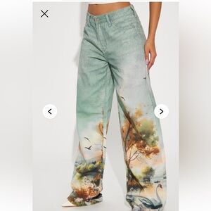 Scenic Swan Pond Print Wide-Leg Pants